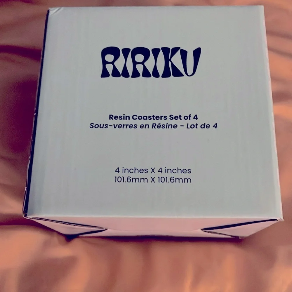 Ririku Resin Coasters new in box cream with white marbling‎ effect. Marked.